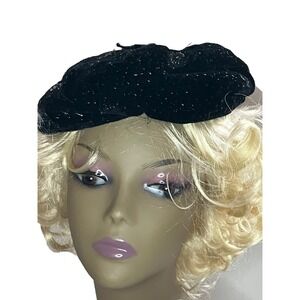 Vintage Dana Marte Tam  Hat Black Sparkle Flat Grannycore Goth Mobwife
